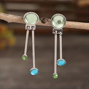 NIB Retro Grape Stone Tassel Stud Earrings Crystals Boho Hippie Silver Plated